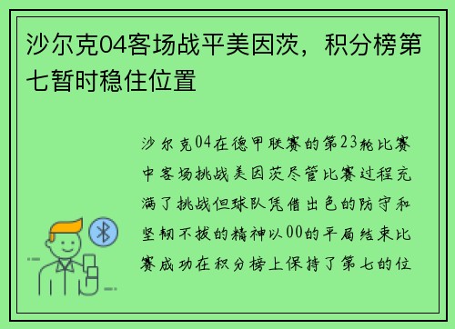 沙尔克04客场战平美因茨，积分榜第七暂时稳住位置