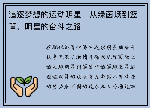追逐梦想的运动明星：从绿茵场到篮筐，明星的奋斗之路